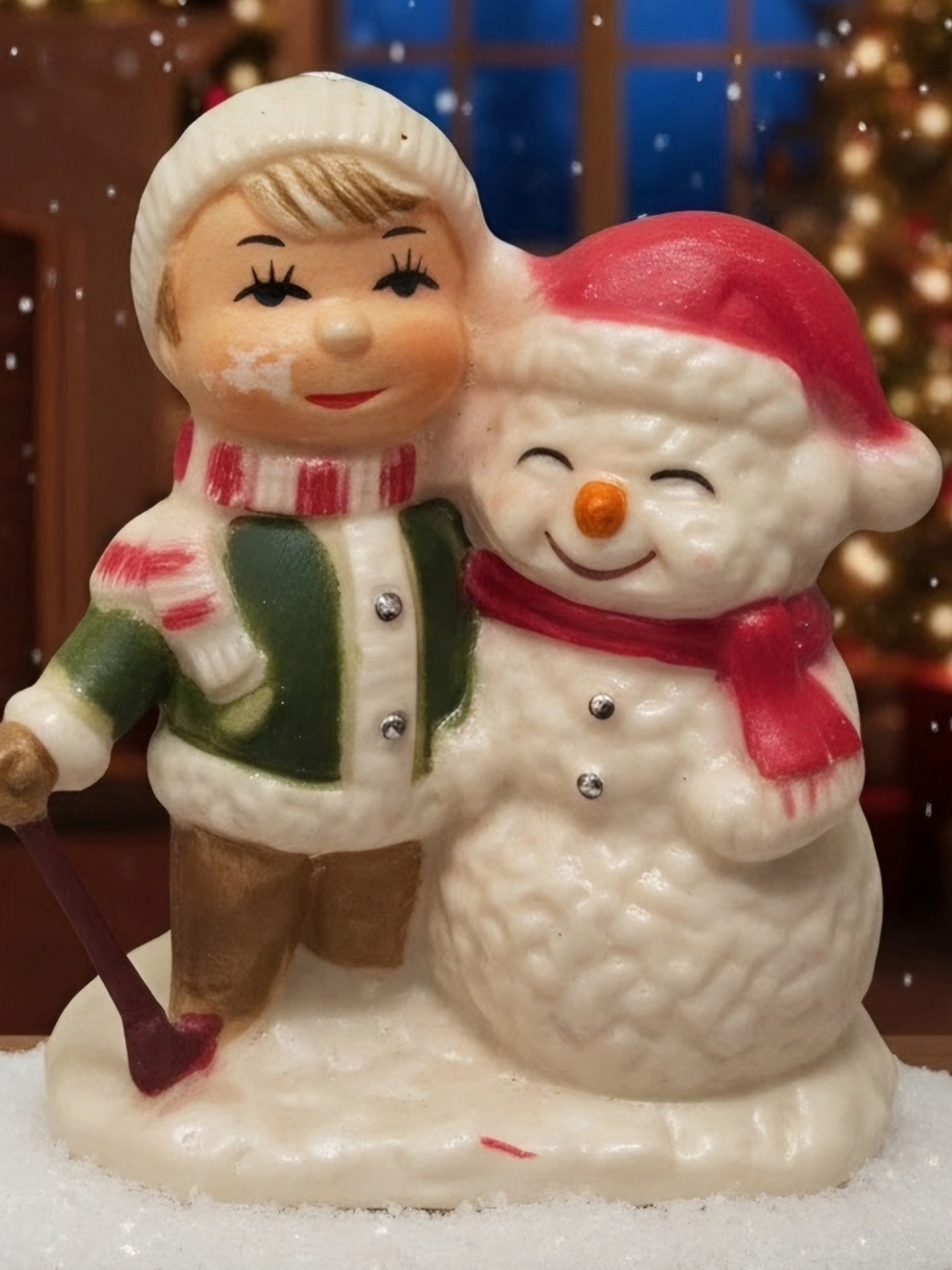 Vintage Boy Hugging Snowman Christmas Ornament Green Jacket Red Scarf Plastic 3"